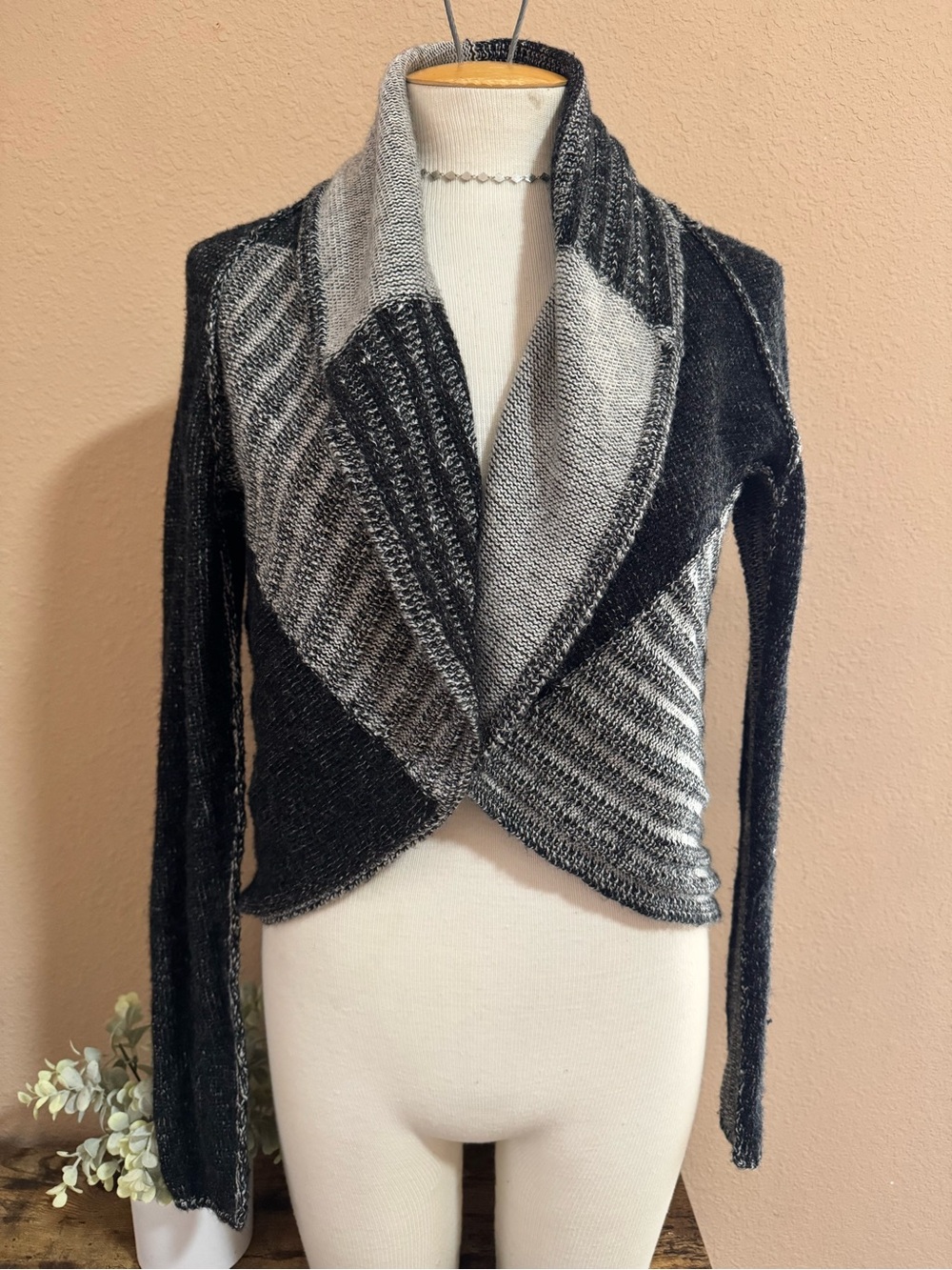 CAbi Black and Gray Open-Front Draped Knit Cardigan